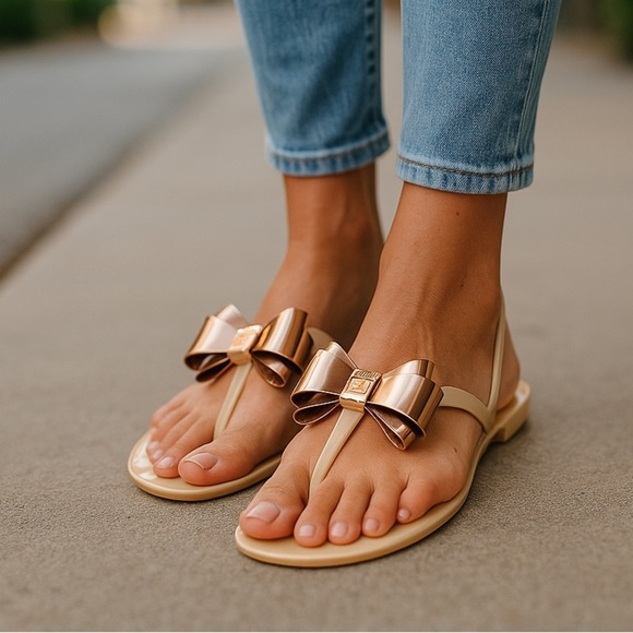 Ted Baker London Shoes - Ted Baker Ainda Cream Gold Jelly T Strap Bow Thong Sandals Womens EU 39 US 8.5